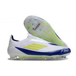 adidas F50 Elite Laceless FG Blanc Jaune Solaire Bleu Lucide