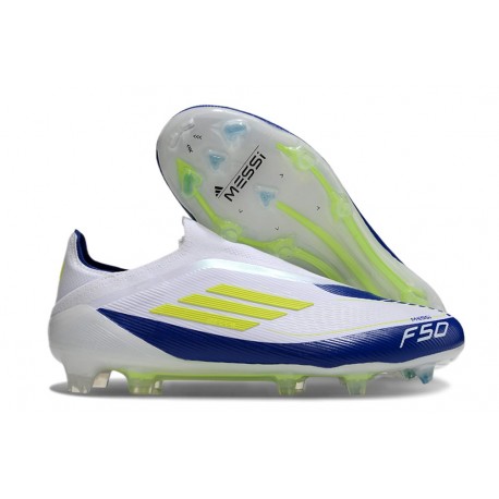 adidas F50 Elite Laceless FG Blanc Jaune Solaire Bleu Lucide