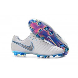 Nouvelles Crampons pour Hommes - Nike Tiempo Legend VII Elite FG Blanc Gris Métallique Bleu Héros